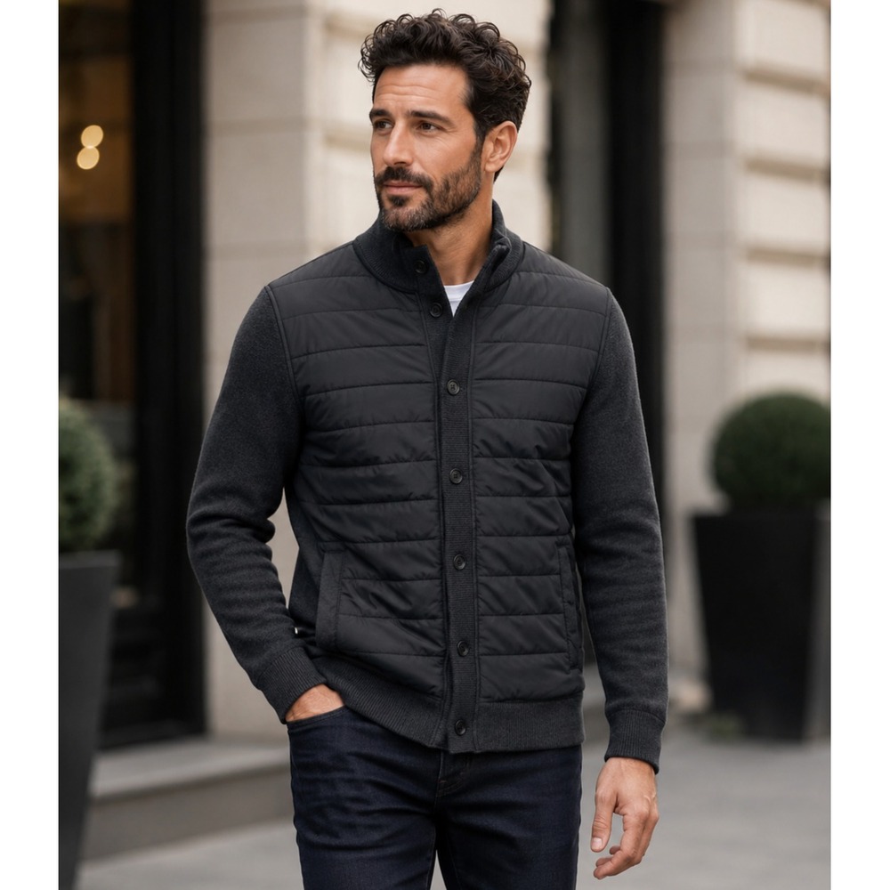 UNTUCKit Men's Quilted Hybrid Jacket Medium Black Charcoal Wool Blend Casual